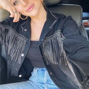 Black Studded Fringe Denim Shirt Jacket